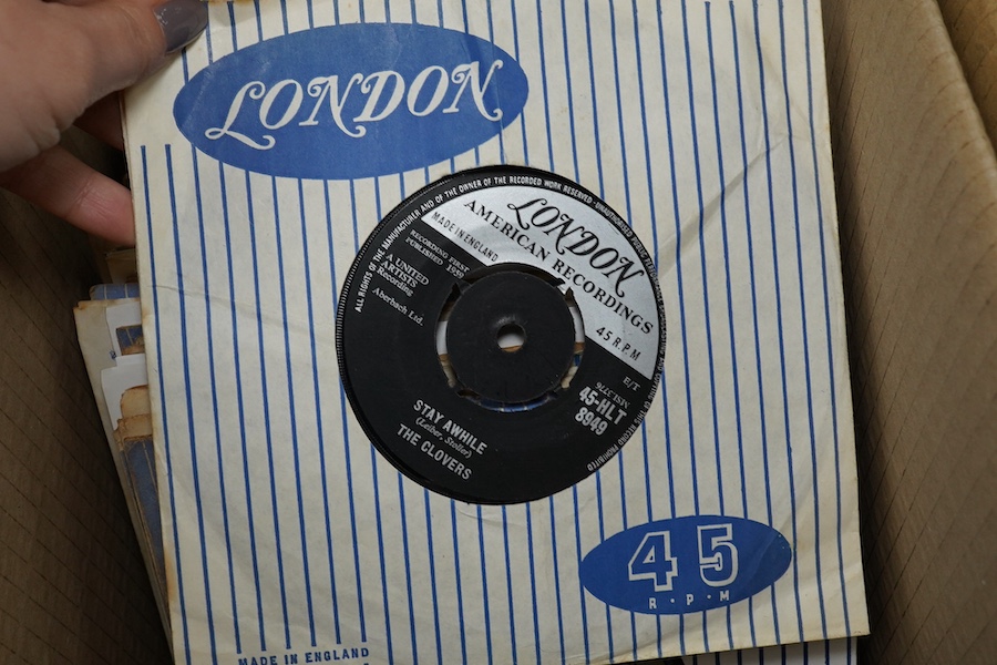 Four boxes of 7 inch singles, all on the London record label, artists include; The Rolling Stones, Ricky Nelson, Duane Eddy, The Ronettes, Roy Orbison, the Crystals, The Ran-Dells, Al Green, Ace Canon, the Willis Brother